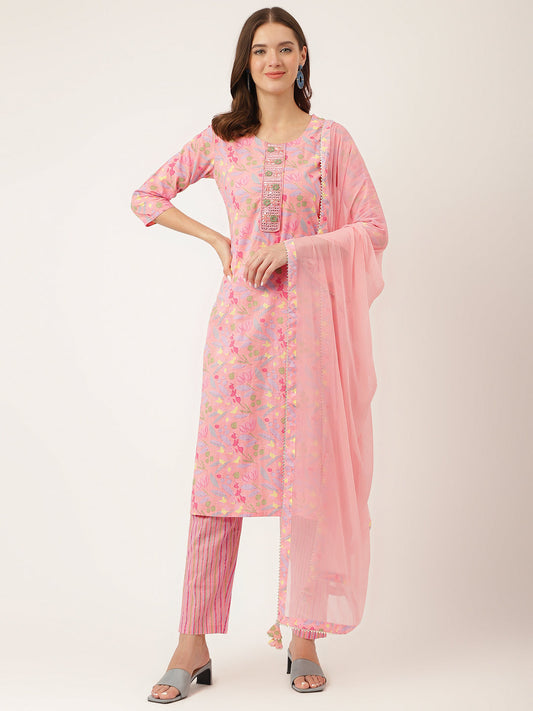 Pink Floral Print Cotton Kurta, Trouser With Dupatta | LASVINI - Redefining Indian Fashion with Elegance