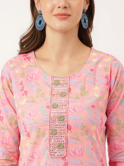 Pink Floral Print Cotton Kurta, Trouser With Dupatta | LASVINI - Redefining Indian Fashion with Elegance