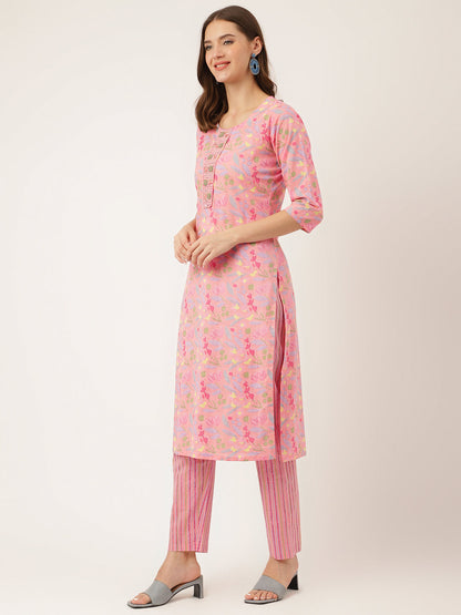 Pink Floral Print Cotton Kurta, Trouser With Dupatta | LASVINI - Redefining Indian Fashion with Elegance