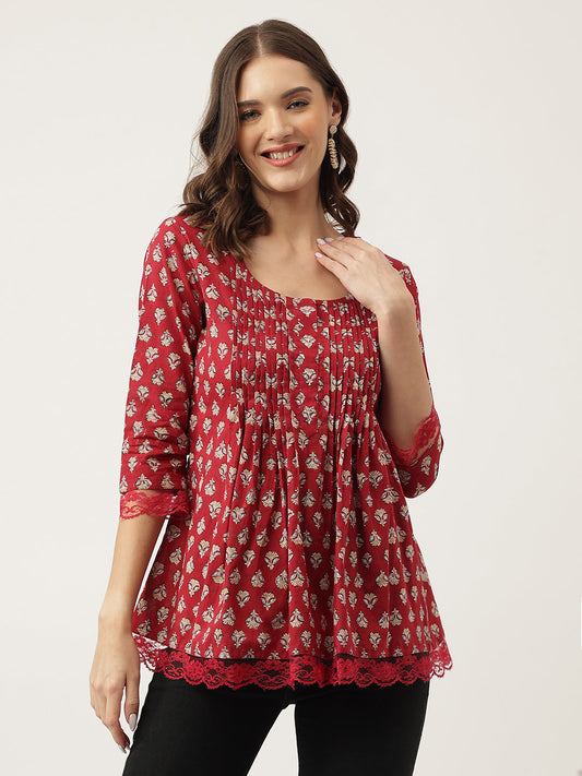 Maroon Floral Printed Cotton Peplum Top | LASVINI - Redefining Indian Fashion with Elegance