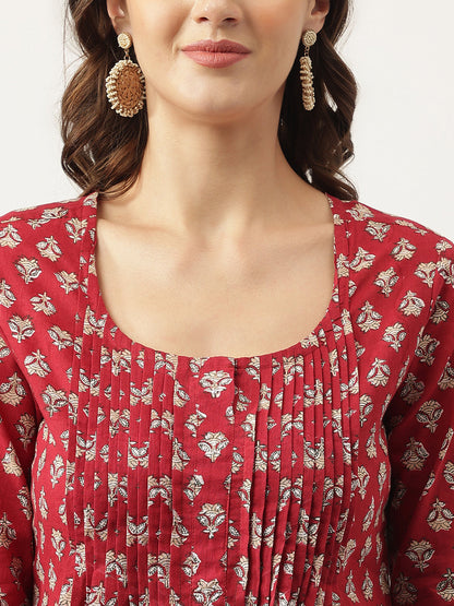 Maroon Floral Printed Cotton Peplum Top | LASVINI - Redefining Indian Fashion with Elegance