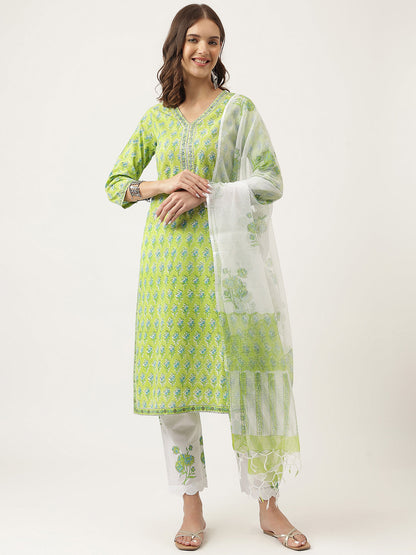 Green Floral Printed Kurta Trouser & Dupatta Set | LASVINI - Redefining Indian Fashion with Elegance