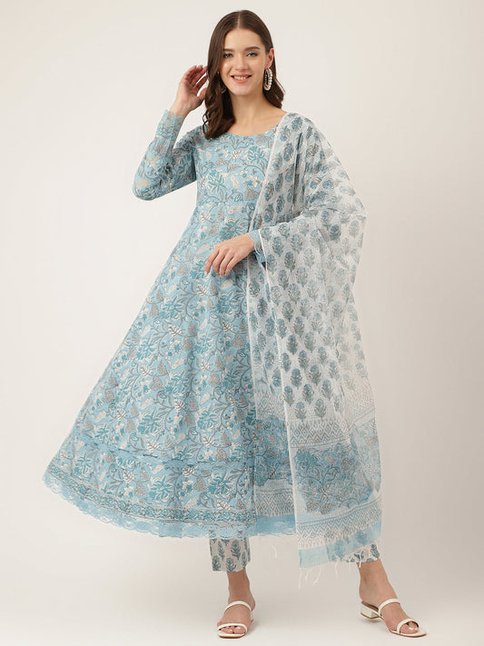 Sky Blue Hand Block Floral Print Cotton Kurta, Trouser With Dupatta | LASVINI - Redefining Indian Fashion with Elegance