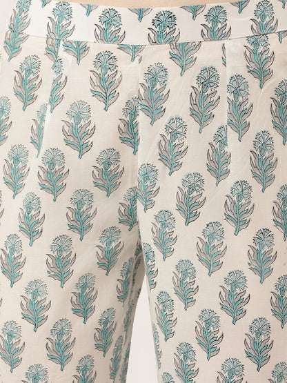 Sky Blue Hand Block Floral Print Cotton Kurta, Trouser With Dupatta | LASVINI - Redefining Indian Fashion with Elegance