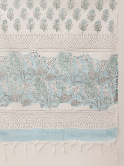 Sky Blue Hand Block Floral Print Cotton Kurta, Trouser With Dupatta | LASVINI - Redefining Indian Fashion with Elegance