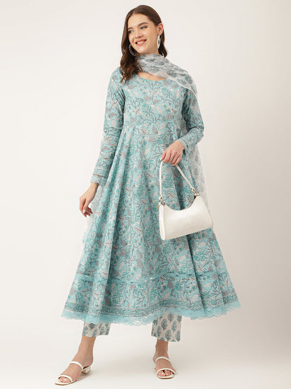 Sky Blue Hand Block Floral Print Cotton Kurta, Trouser With Dupatta | LASVINI - Redefining Indian Fashion with Elegance