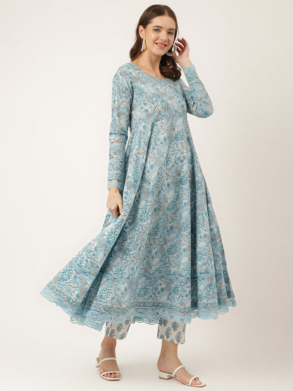 Sky Blue Hand Block Floral Print Cotton Kurta, Trouser With Dupatta | LASVINI - Redefining Indian Fashion with Elegance