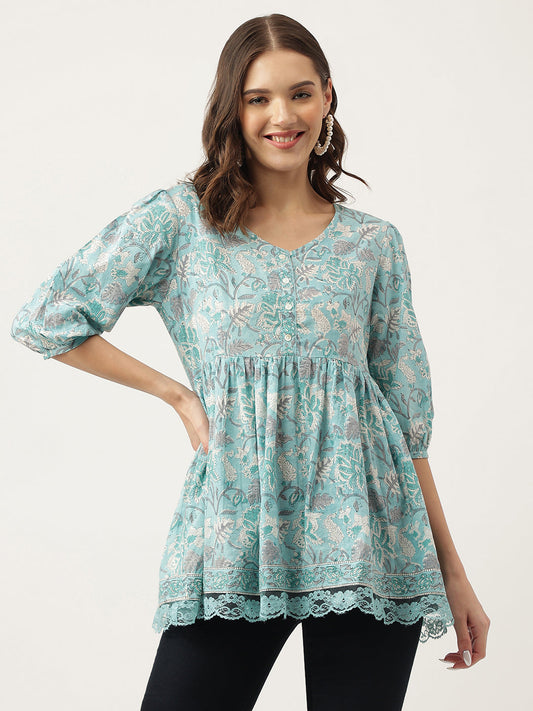 Light Blue Floral Printed Cotton Peplum Fit Top | LASVINI - Redefining Indian Fashion with Elegance