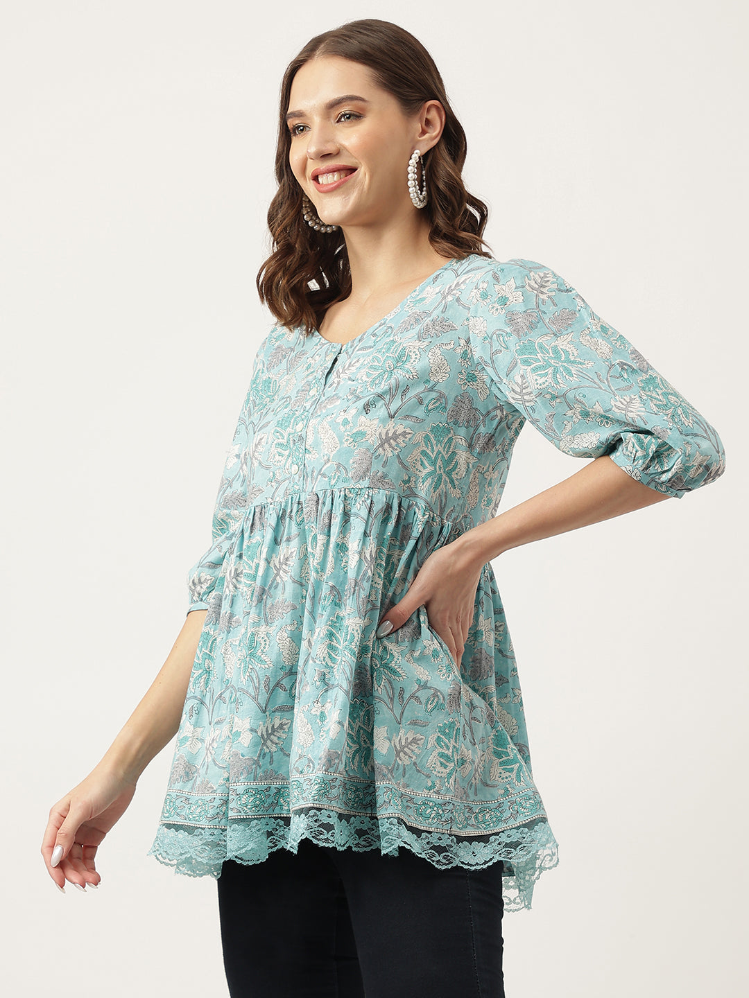 Light Blue Floral Printed Cotton Peplum Fit Top | LASVINI - Redefining Indian Fashion with Elegance