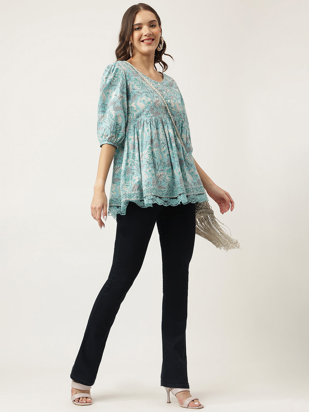 Light Blue Floral Printed Cotton Peplum Fit Top | LASVINI - Redefining Indian Fashion with Elegance