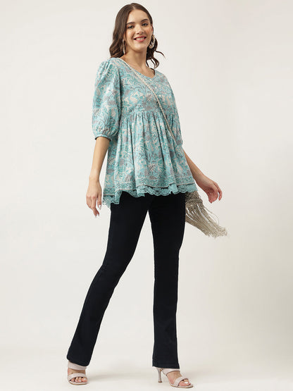 Light Blue Floral Printed Cotton Peplum Fit Top | LASVINI - Redefining Indian Fashion with Elegance