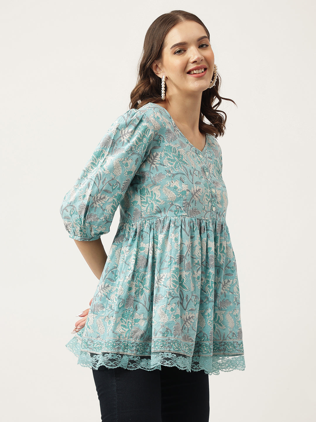 Light Blue Floral Printed Cotton Peplum Fit Top | LASVINI - Redefining Indian Fashion with Elegance