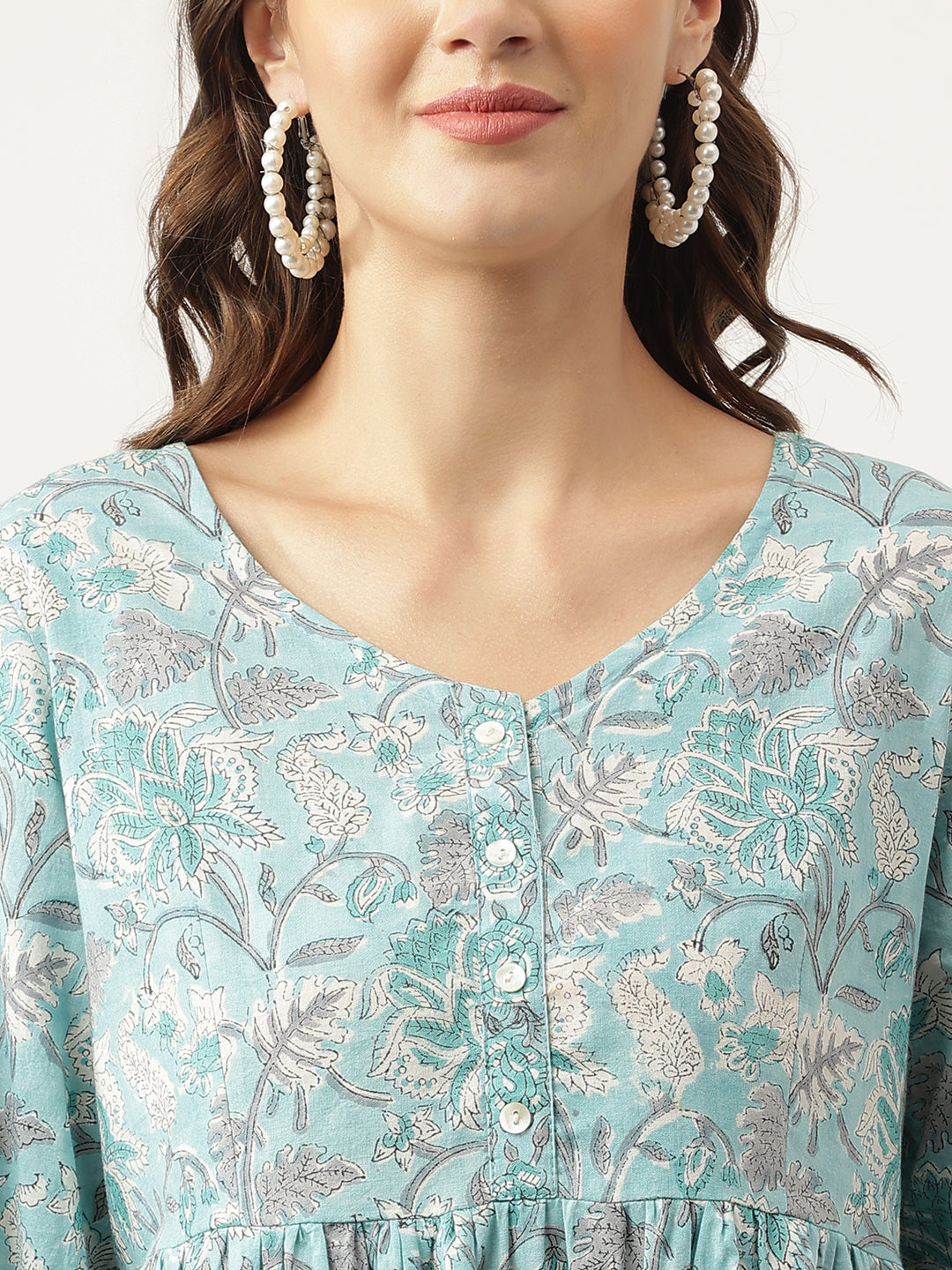 Light Blue Floral Printed Cotton Peplum Fit Top | LASVINI - Redefining Indian Fashion with Elegance