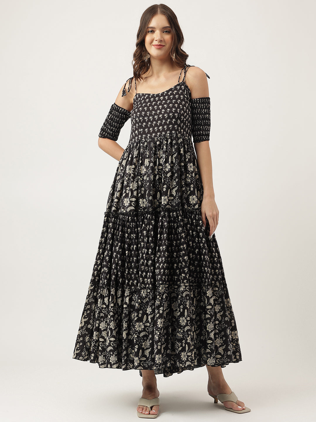 Floral Printed Cotton Cold Shoulder Ethnic Dress | LASVINI - Redefining Indian Fashion with Elegance