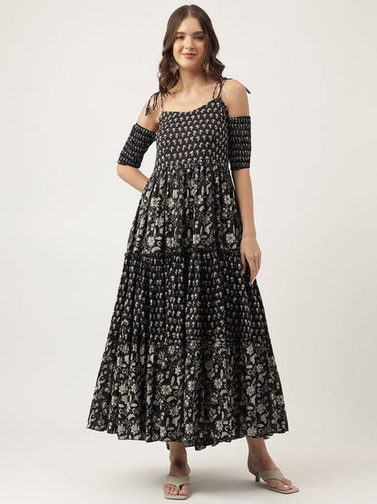 Floral Printed Cotton Cold Shoulder Ethnic Dress | LASVINI - Redefining Indian Fashion with Elegance