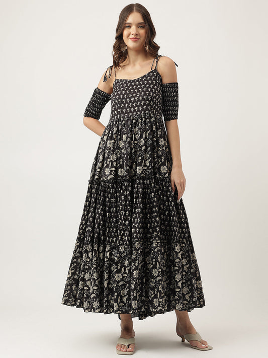 Floral Printed Cotton Cold Shoulder Ethnic Dress | LASVINI - Redefining Indian Fashion with Elegance