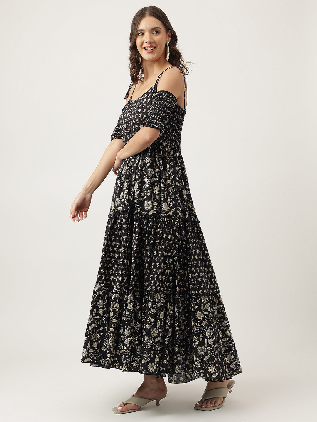 Floral Printed Cotton Cold Shoulder Ethnic Dress | LASVINI - Redefining Indian Fashion with Elegance