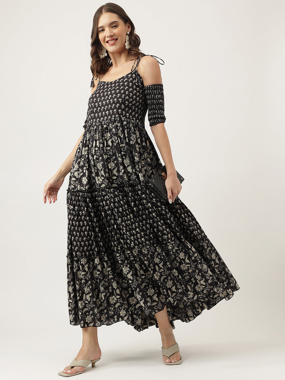 Floral Printed Cotton Cold Shoulder Ethnic Dress | LASVINI - Redefining Indian Fashion with Elegance