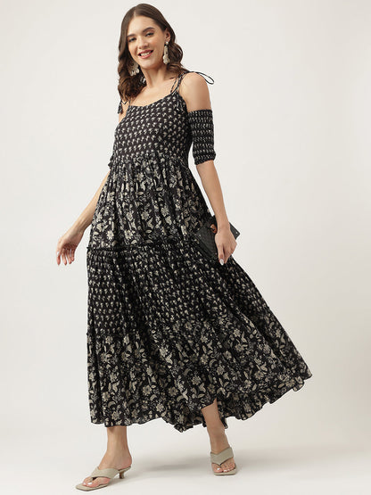 Floral Printed Cotton Cold Shoulder Ethnic Dress | LASVINI - Redefining Indian Fashion with Elegance