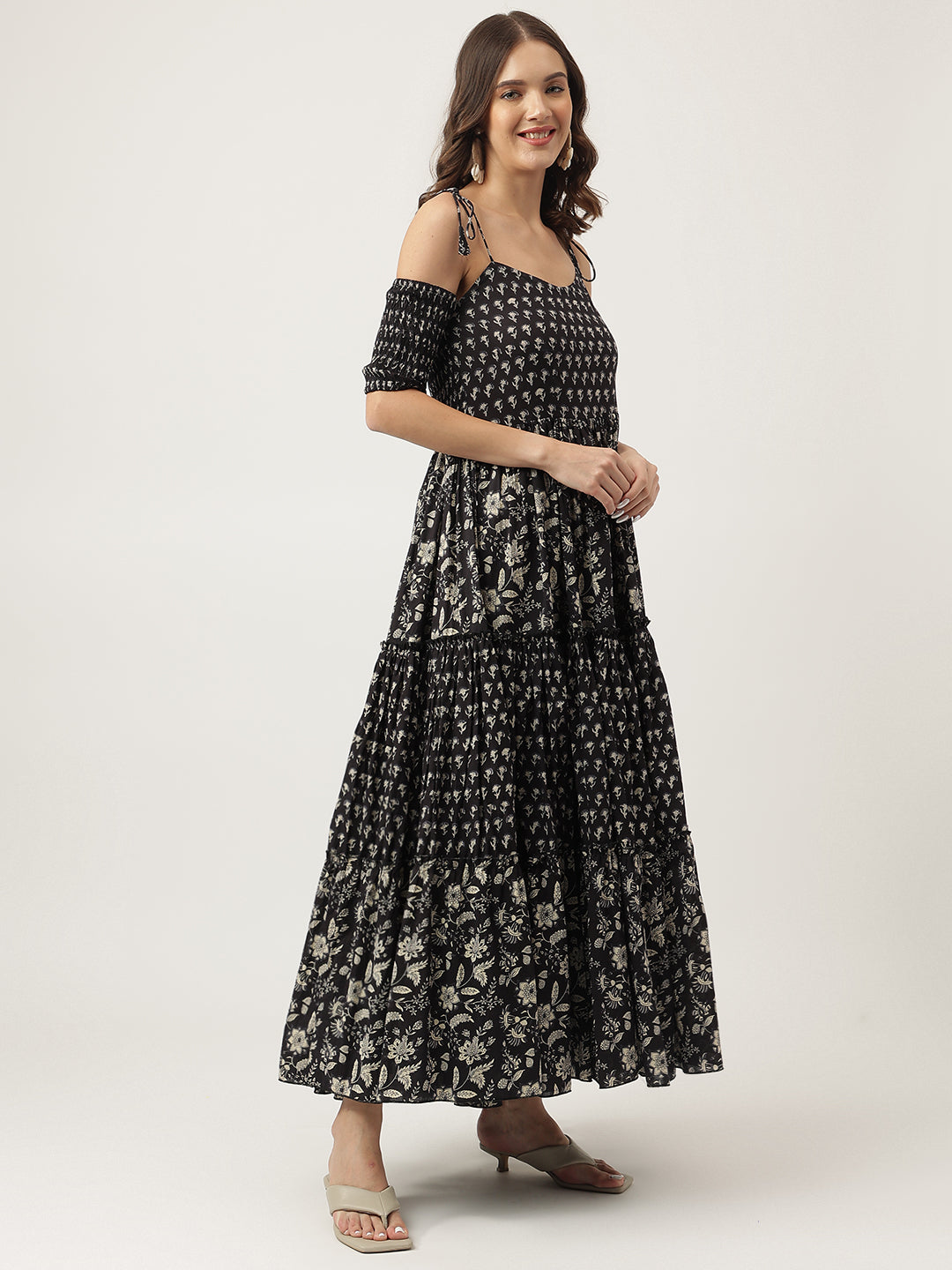 Floral Printed Cotton Cold Shoulder Ethnic Dress | LASVINI - Redefining Indian Fashion with Elegance