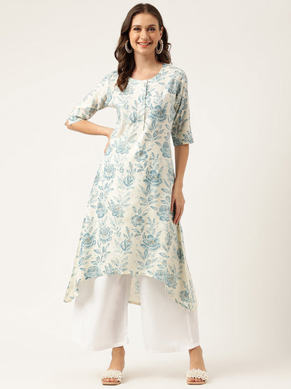 Floral Print A-Line Kurta With Asymmetric Hemline | LASVINI - Redefining Indian Fashion with Elegance