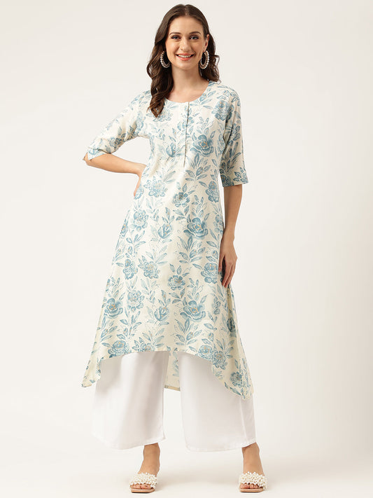 Floral Print A-Line Kurta With Asymmetric Hemline | LASVINI - Redefining Indian Fashion with Elegance