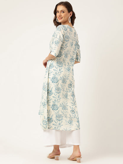 Floral Print A-Line Kurta With Asymmetric Hemline | LASVINI - Redefining Indian Fashion with Elegance