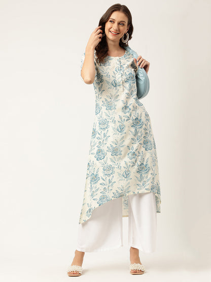 Floral Print A-Line Kurta With Asymmetric Hemline | LASVINI - Redefining Indian Fashion with Elegance