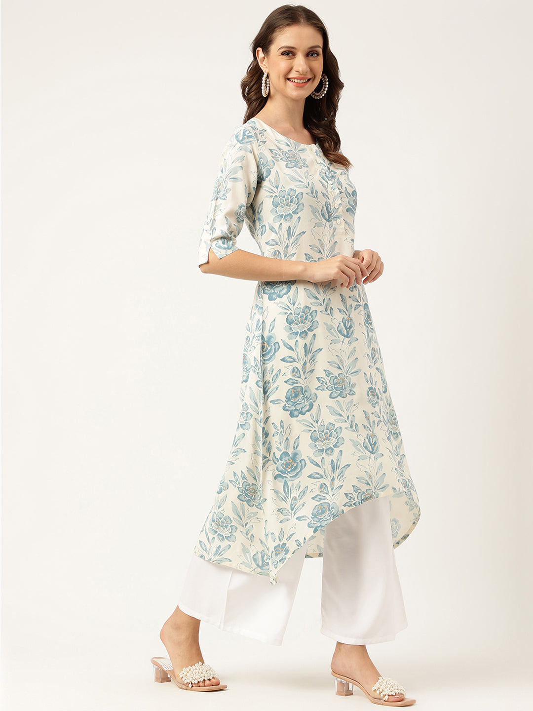 Floral Print A-Line Kurta With Asymmetric Hemline | LASVINI - Redefining Indian Fashion with Elegance