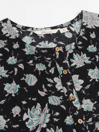 Black Floral Print Straight Fit Cotton Kurta | LASVINI - Redefining Indian Fashion with Elegance