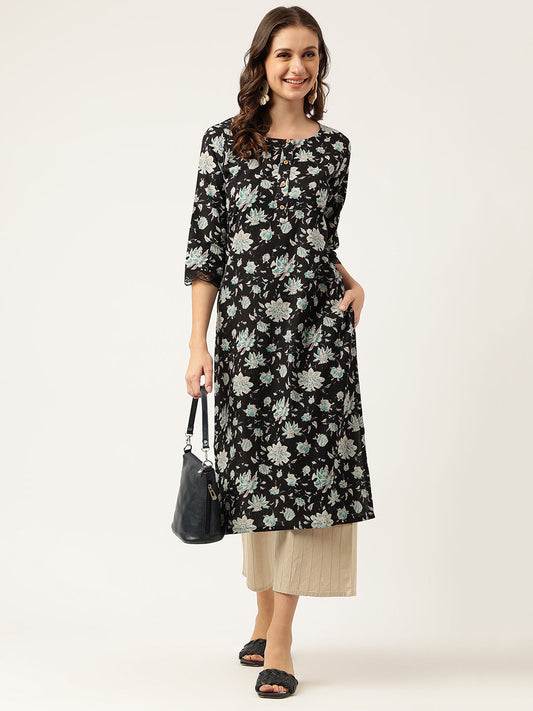 Black Floral Print Straight Fit Cotton Kurta | LASVINI - Redefining Indian Fashion with Elegance
