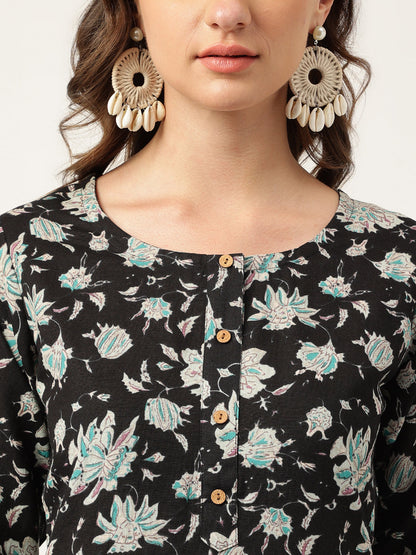 Black Floral Print Straight Fit Cotton Kurta | LASVINI - Redefining Indian Fashion with Elegance
