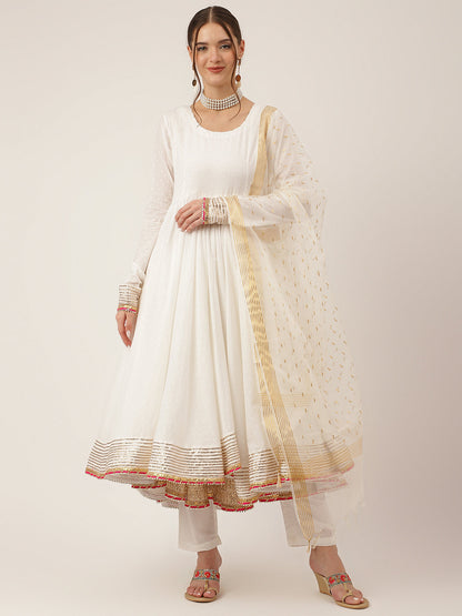 Off White Shree Ram Buta Print Cotton Layered Anarkali Kurta, Trouser With Dupatta | LASVINI - Redefining Indian Fashion with Elegance