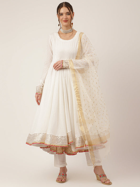 Off White Shree Ram Buta Print Cotton Layered Anarkali Kurta, Trouser With Dupatta | LASVINI - Redefining Indian Fashion with Elegance