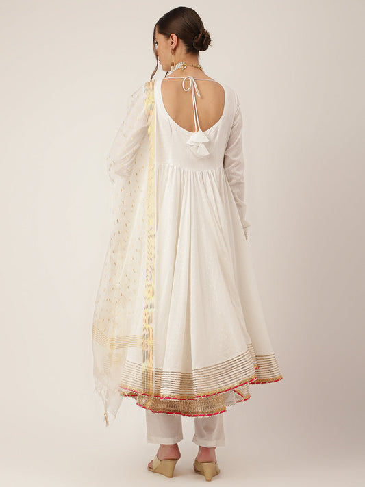 Off White Shree Ram Buta Print Cotton Layered Anarkali Kurta, Trouser With Dupatta | LASVINI - Redefining Indian Fashion with Elegance