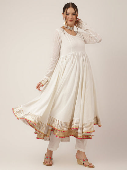Off White Shree Ram Buta Print Cotton Layered Anarkali Kurta, Trouser With Dupatta | LASVINI - Redefining Indian Fashion with Elegance