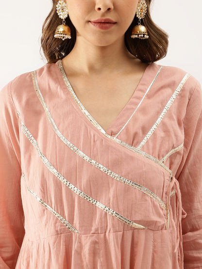 Women Peach Solid Cotton Gota Work Kurta Set With Dupatta | LASVINI - Redefining Indian Fashion with Elegance