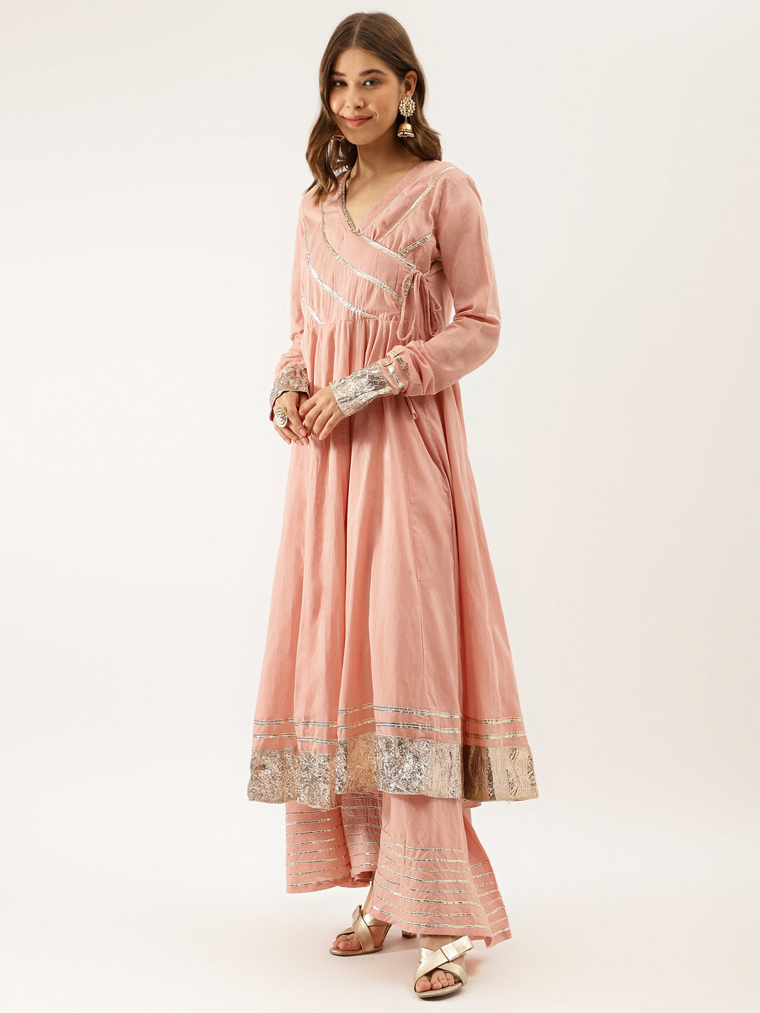 Women Peach Solid Cotton Gota Work Kurta Set With Dupatta | LASVINI - Redefining Indian Fashion with Elegance
