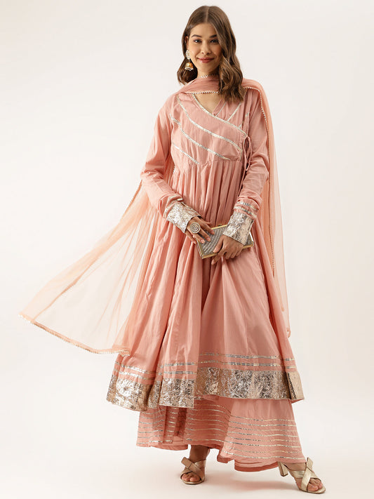 Women Peach Solid Cotton Gota Work Kurta Set With Dupatta | LASVINI - Redefining Indian Fashion with Elegance