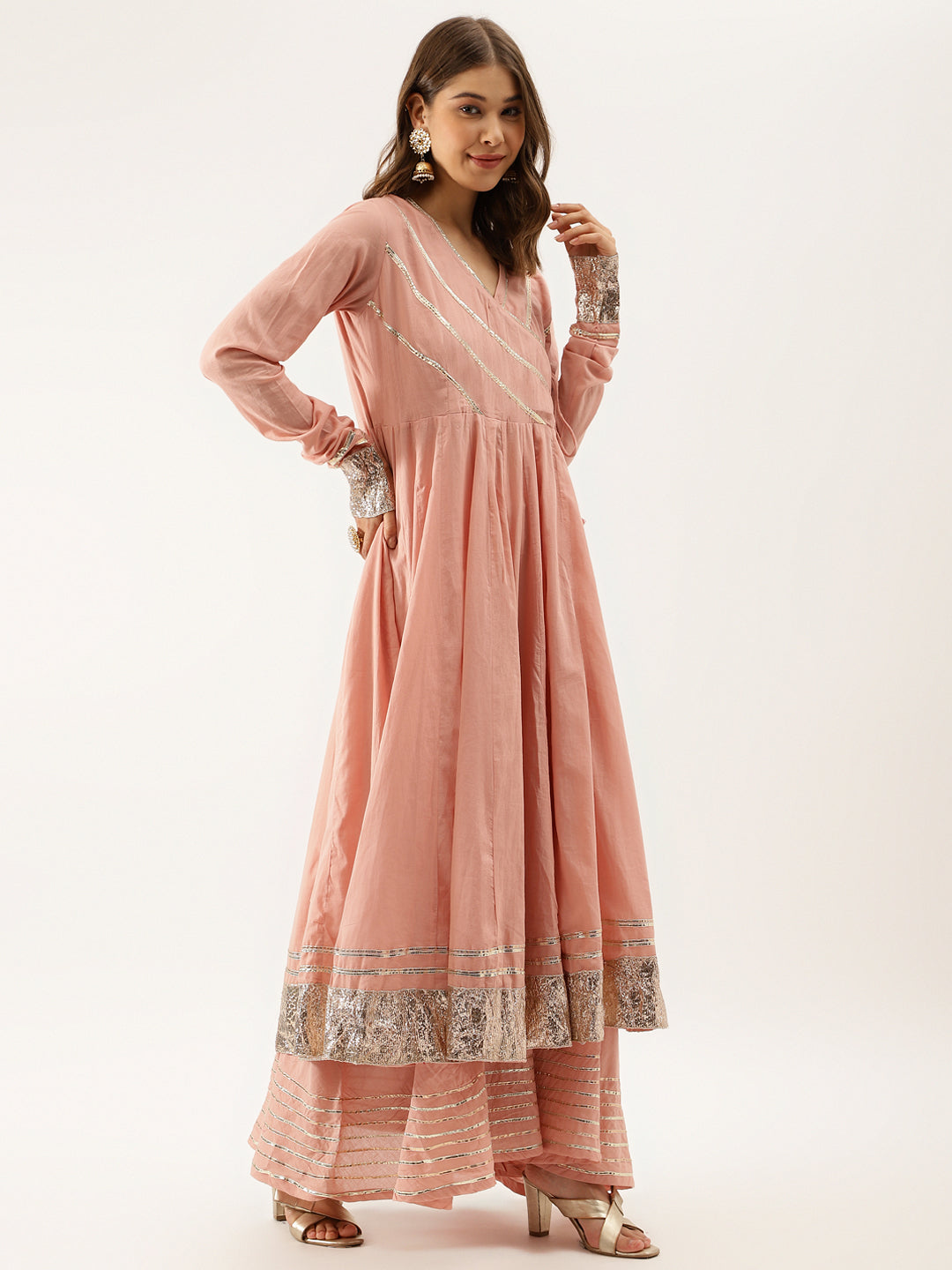 Women Peach Solid Cotton Gota Work Kurta Set With Dupatta | LASVINI - Redefining Indian Fashion with Elegance