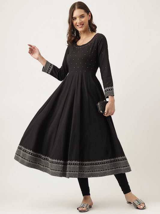 Black Embroidered Cotton Anarkali Kurta | LASVINI - Redefining Indian Fashion with Elegance