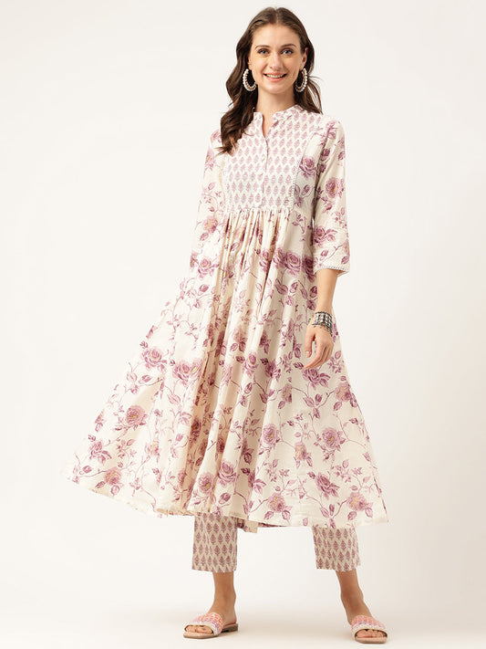 White Purple Floral Cotton Flared Kurta With Pant Set | LASVINI - Redefining Indian Fashion with Elegance