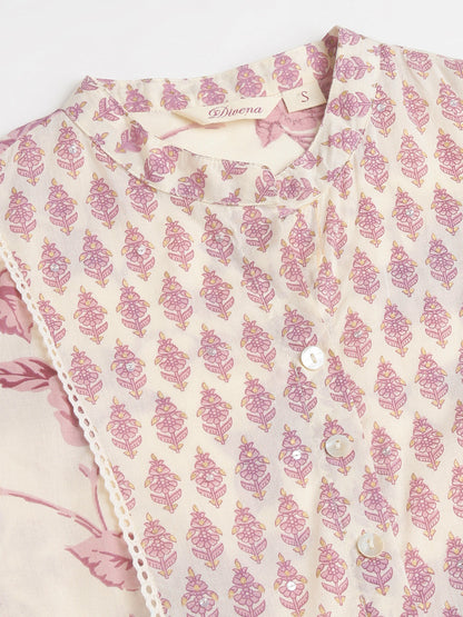 White Purple Floral Cotton Flared Kurta With Pant Set | LASVINI - Redefining Indian Fashion with Elegance