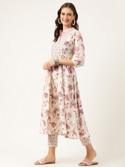 White Purple Floral Cotton Flared Kurta With Pant Set | LASVINI - Redefining Indian Fashion with Elegance