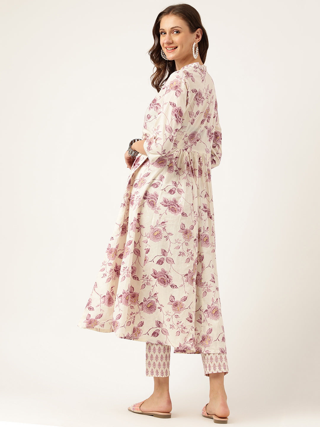 White Purple Floral Cotton Flared Kurta With Pant Set | LASVINI - Redefining Indian Fashion with Elegance
