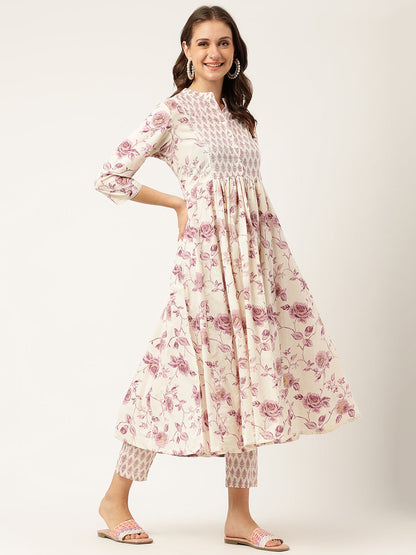 White Purple Floral Cotton Flared Kurta With Pant Set | LASVINI - Redefining Indian Fashion with Elegance