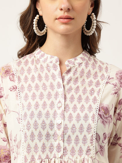 White Purple Floral Cotton Flared Kurta With Pant Set | LASVINI - Redefining Indian Fashion with Elegance