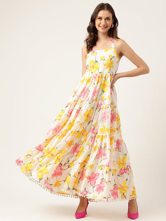 Floral Printed Halter Neck Cotton Casual Maxi Dress | LASVINI - Redefining Indian Fashion with Elegance