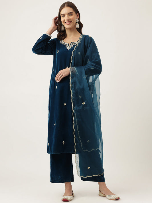 Rayol Blue Hand Embroidered Velvet Straight Kurta, Trousers With Dupatta Set | LASVINI - Redefining Indian Fashion with Elegance