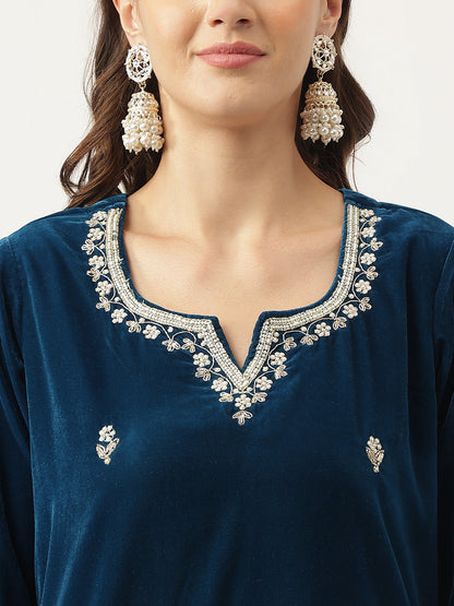 Rayol Blue Hand Embroidered Velvet Straight Kurta, Trousers With Dupatta Set | LASVINI - Redefining Indian Fashion with Elegance